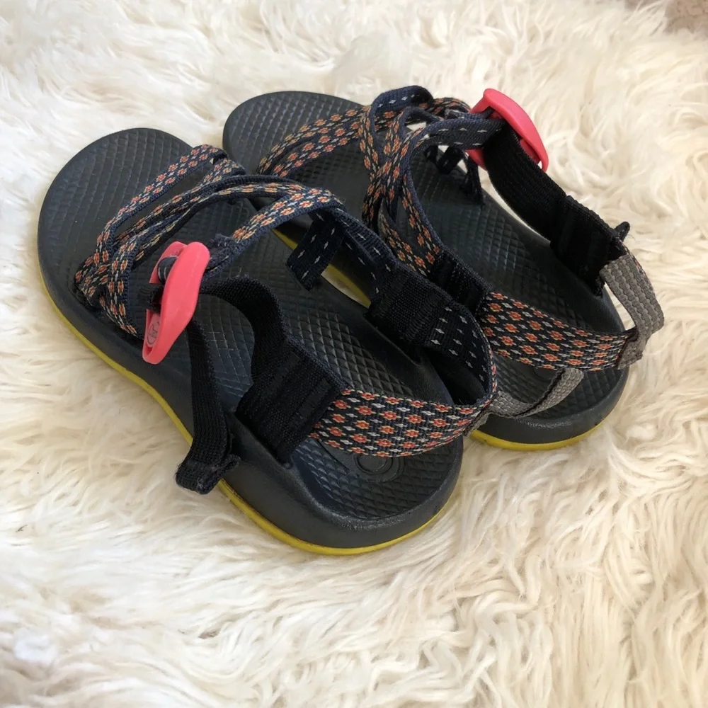 Chaco Kids Black Sandals with Coral Strap Pattern and Pink Buckles
